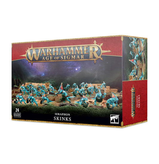 Seraphon Skinks miniature set by Games Workshop featuring detailed reptilian warrior figures for tabletop gaming.