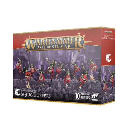 Gloomspite Gitz Squig Hoppers miniatures by Games Workshop, featuring small goblin-like figures riding colorful squigs.