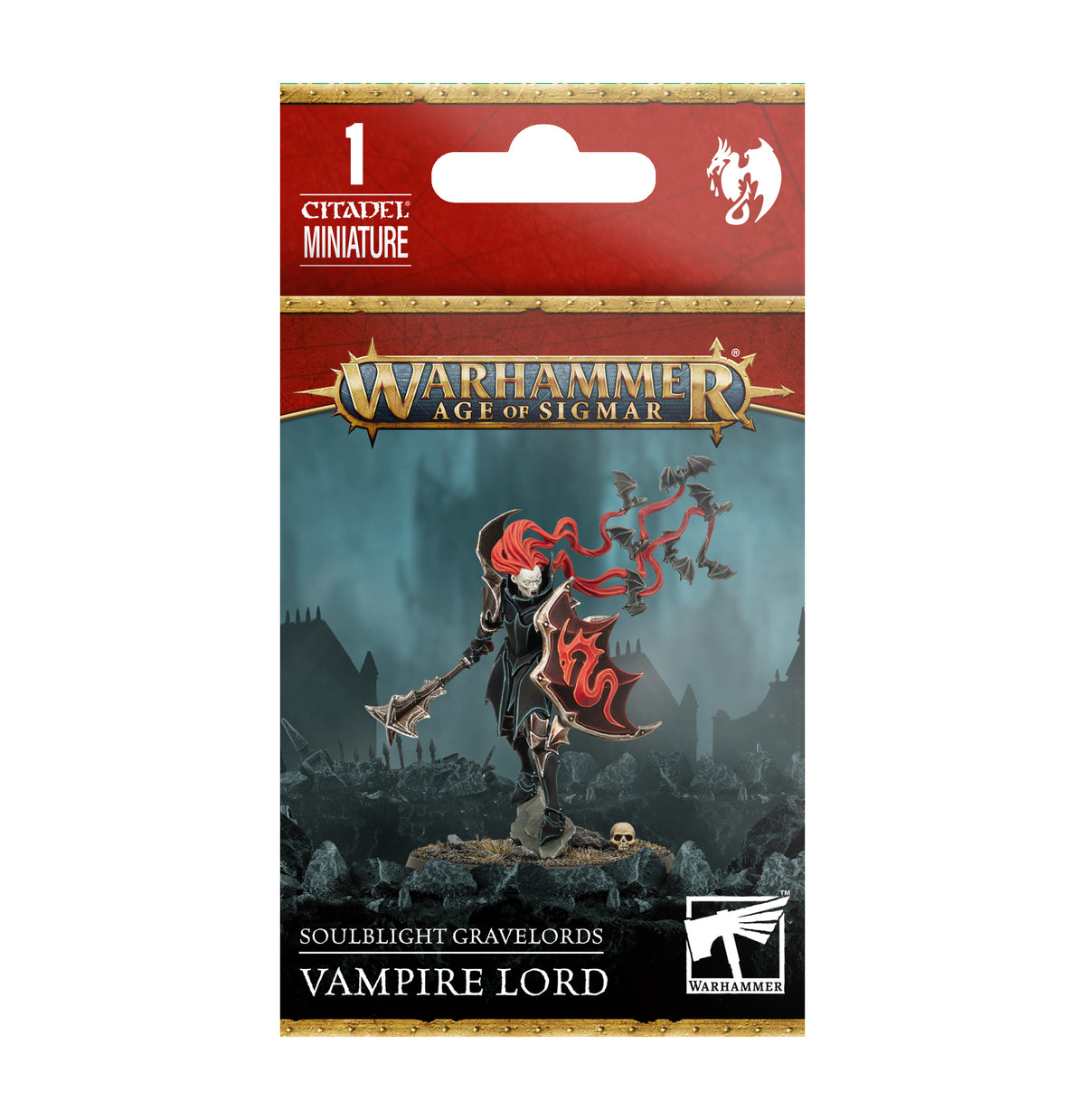 Soulblight Gravelords Vampire Lord miniature from Games Workshop, detailed model with armor and weapons for tabletop gaming.
