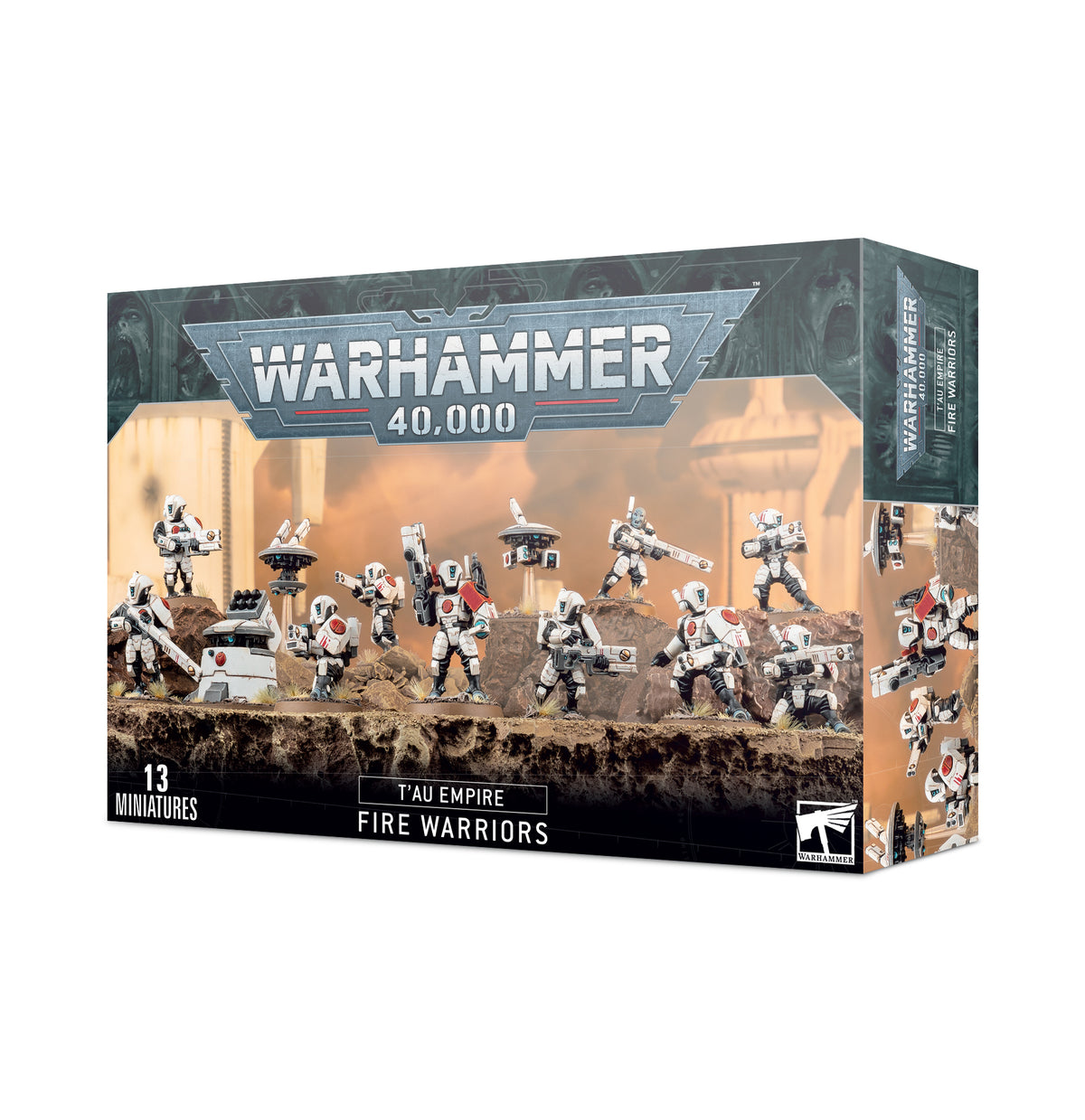 Games Workshop T'au Empire Fire Warriors miniatures, detailed models for tabletop gaming, showcasing their armor and weaponry.