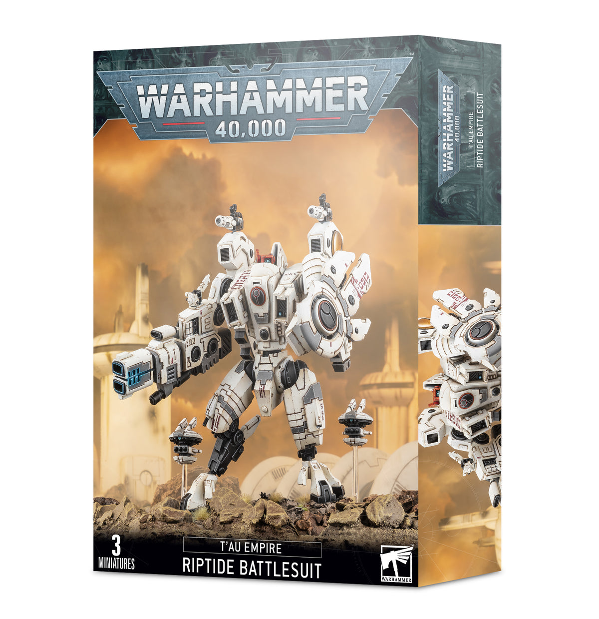Miniature of T'au Empire XV104 Riptide Battlesuit from Games Workshop, detailed model with blue armor and weaponry.