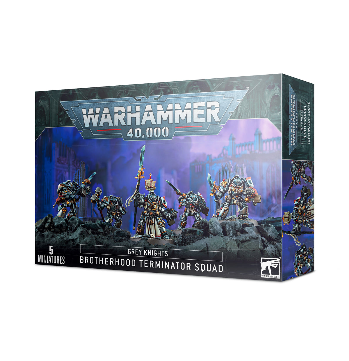 Grey Knights Brotherhood Terminator Squad miniatures from Games Workshop, showcasing detailed grey armor and weaponry.