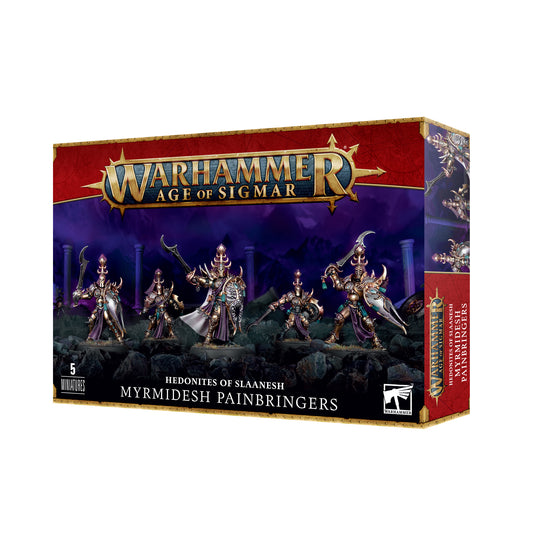 A group of Hedonites of Slaanesh Myrmidesh Painbringers miniatures painted in vibrant colors, standing in dynamic poses.