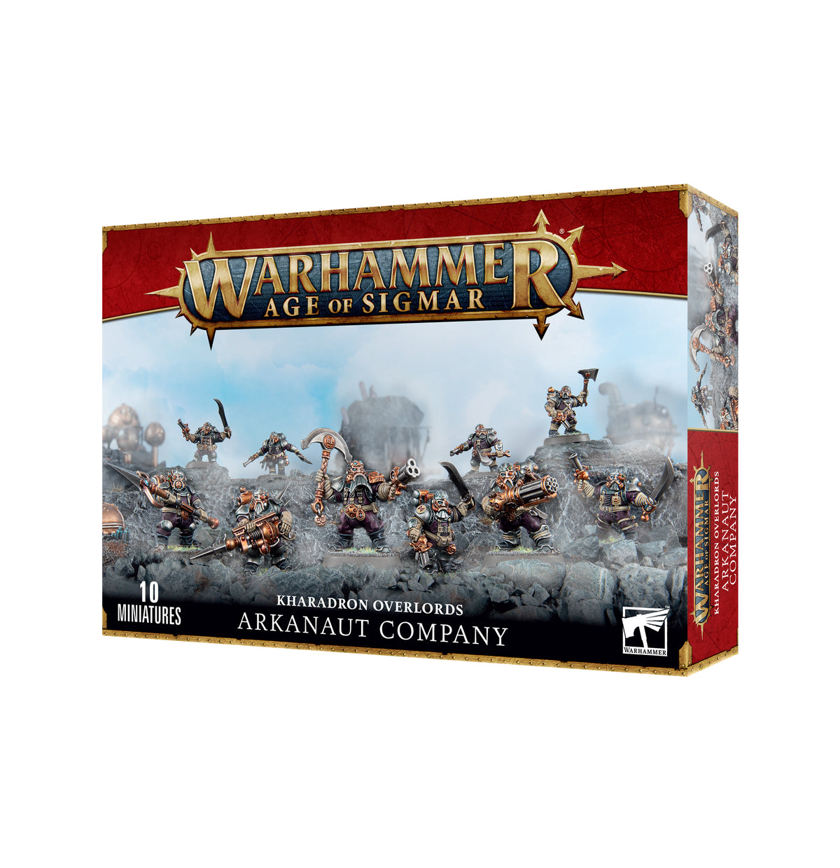 Kharadron Overlords Arkanaut Company miniatures set by Games Workshop, featuring detailed figures of airborne soldiers.