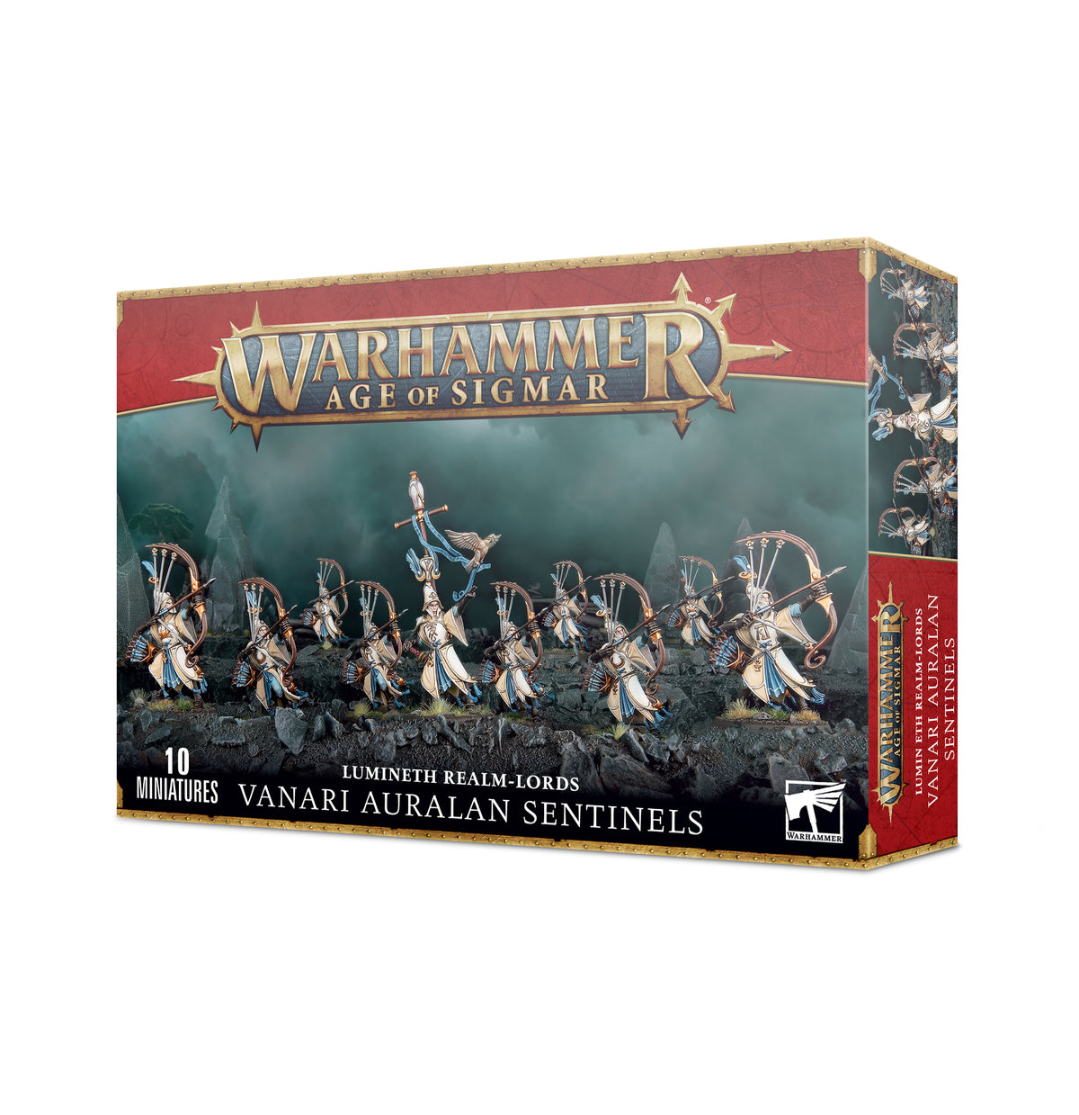 Miniature image of Lumineth Realm-lords Vanari Auralan Sentinels from Games Workshop, showing detailed elf warrior models in dynamic poses.