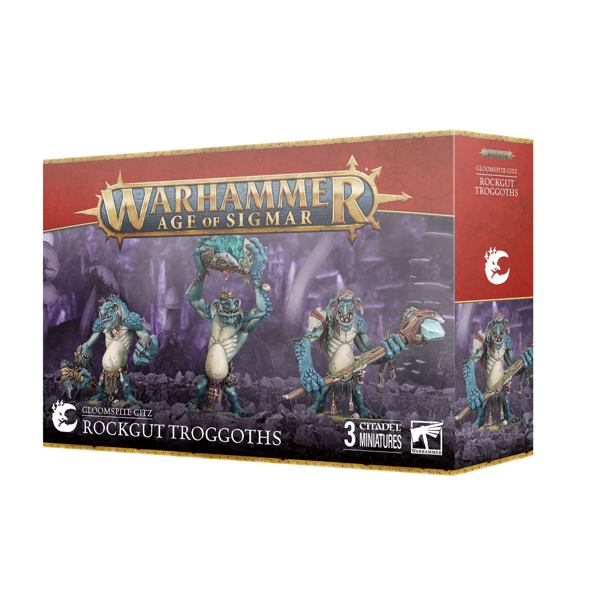 Group of Gloomspite Gitz Rockgut Troggoths miniatures from Games Workshop, featuring detailed troll-like figures with rugged textures.