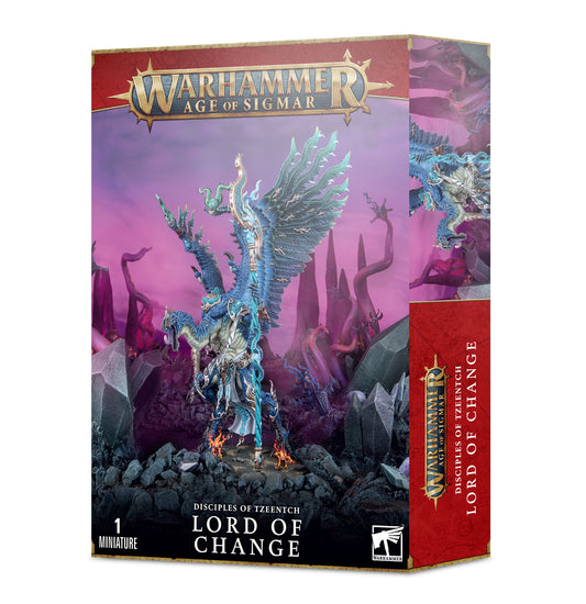 Miniature of Disciples of Tzeentch Lord of Change and Kairos Fateweaver from Games Workshop, detailed daemon models for Warhammer.