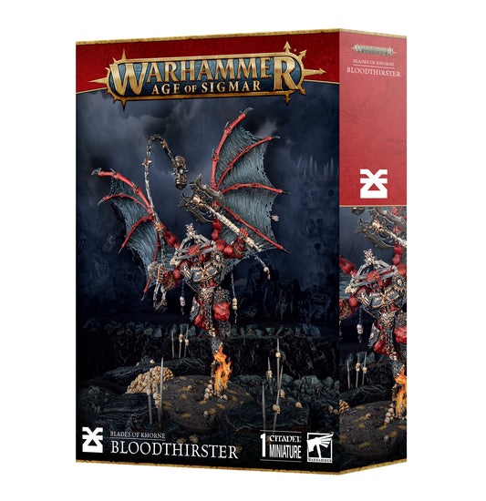 Miniature of a Bloodthirster daemon from Blades of Khorne by Games Workshop, featuring detailed wings and fierce demonic appearance.