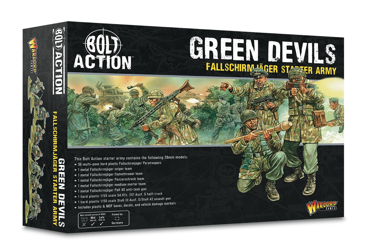 Green Fallschirmjager Starter Army set from Warlord Games featuring miniature soldiers in green uniforms for tabletop gaming.