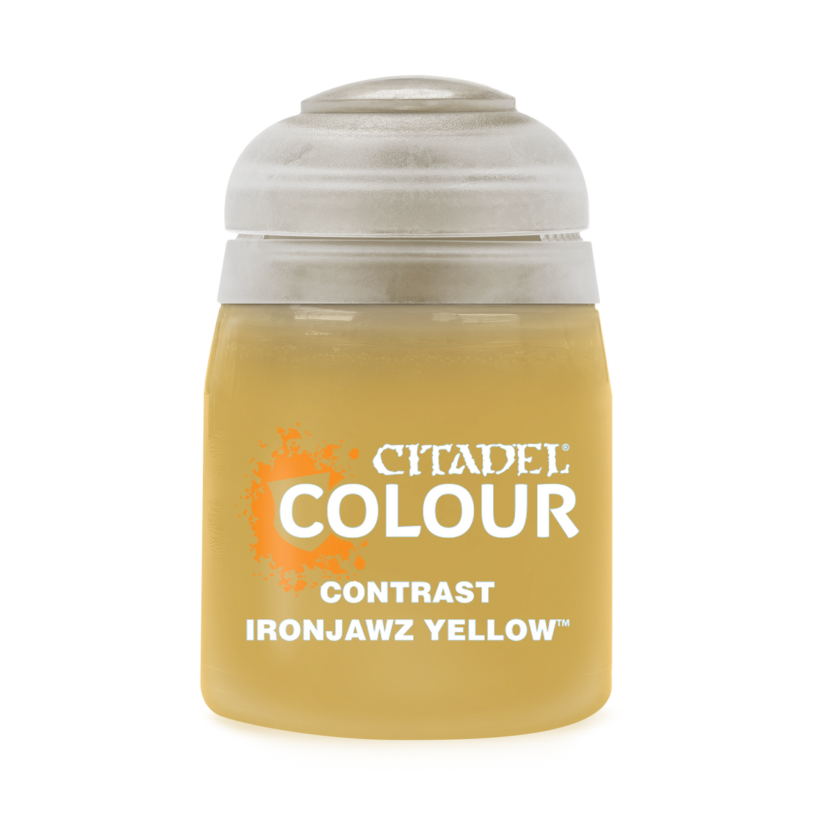 Games Workshop Ironjawz Yellow Contrast paint in 18ml bottle, vibrant yellow paint for miniature models and painting projects.