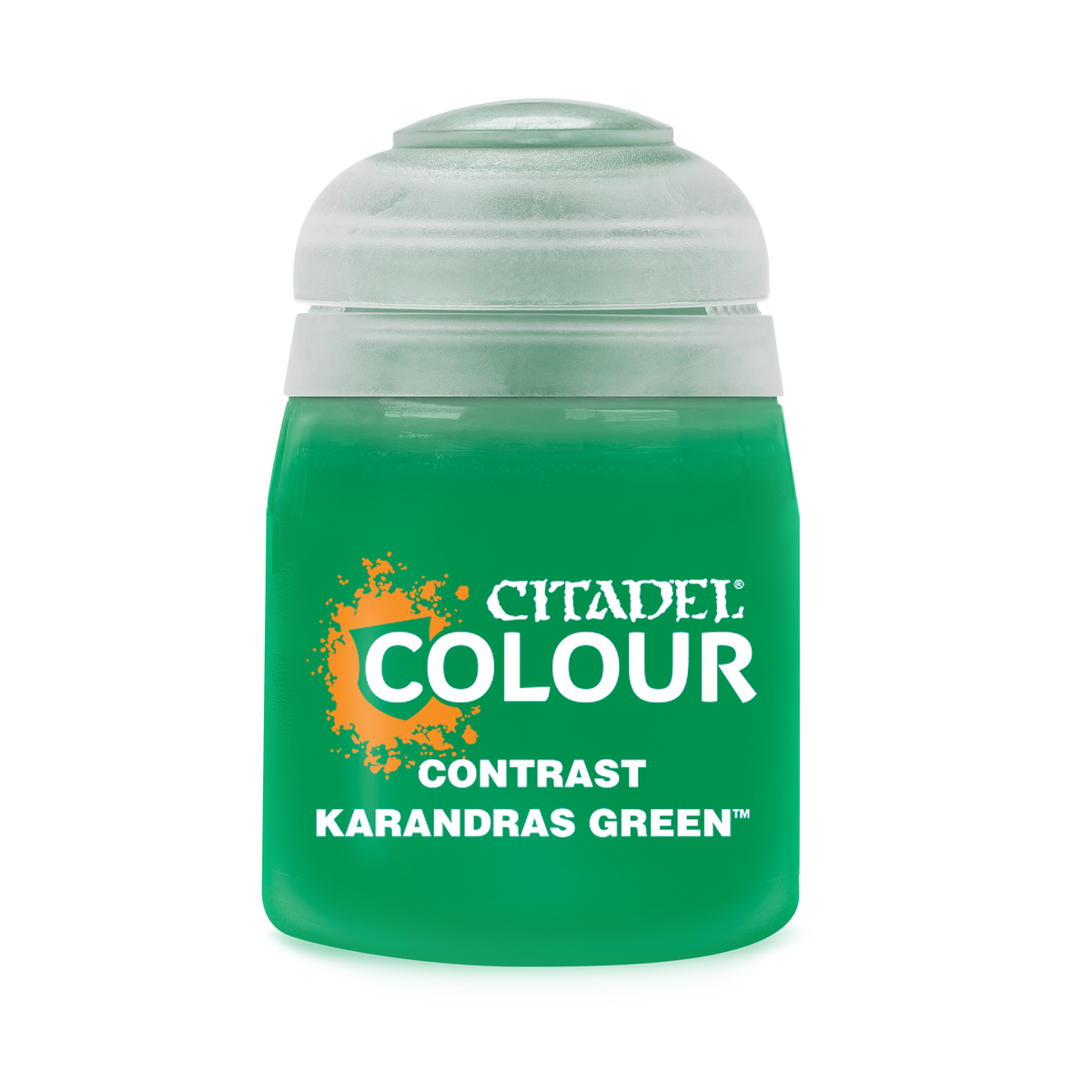 Container of Games Workshop Karandras Green Contrast paint in an 18ml bottle, featuring a dark green shade for miniature painting.