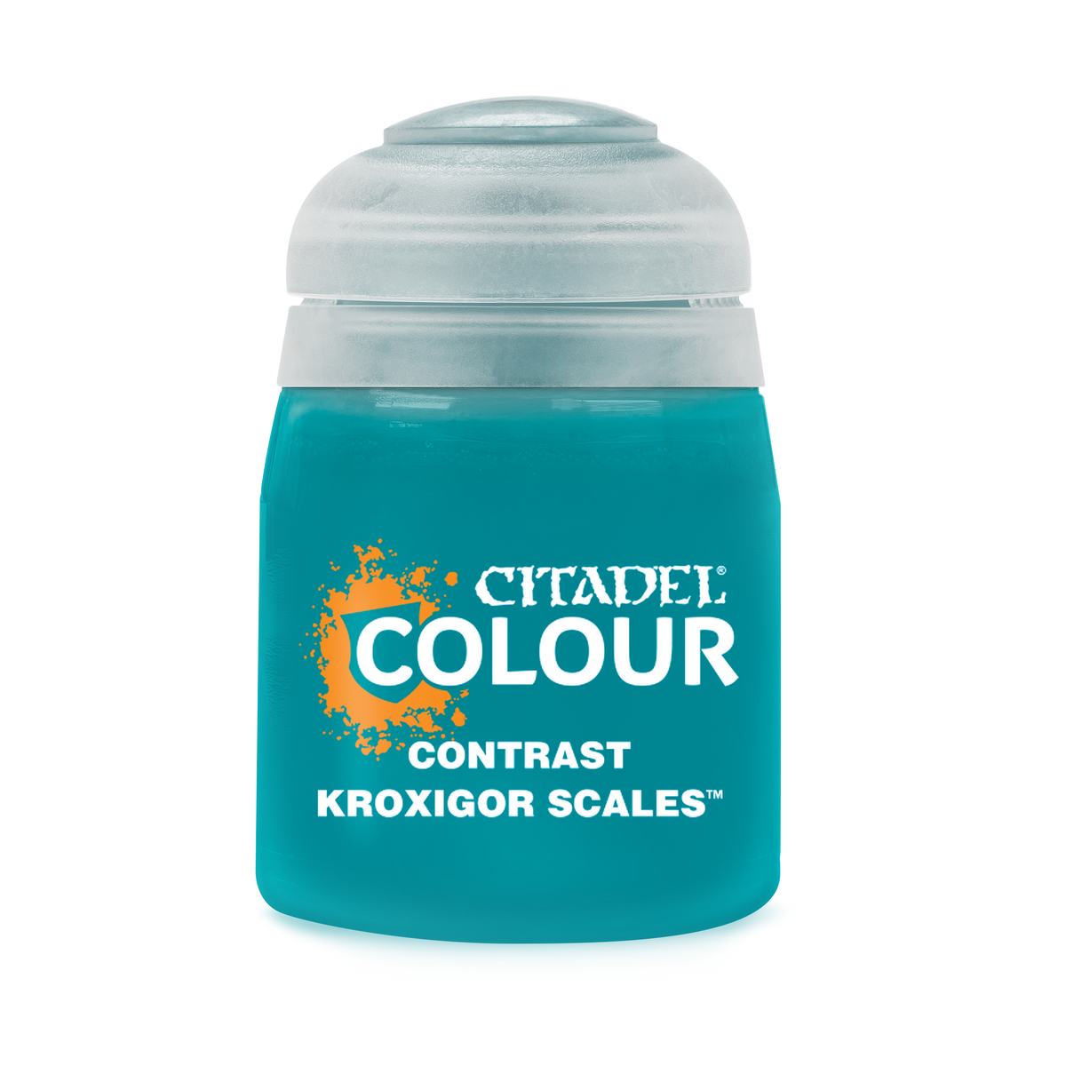 Contrast Kroxigor Scales paint bottle from Games Workshop with label showing 18ml size and vibrant turquoise color.