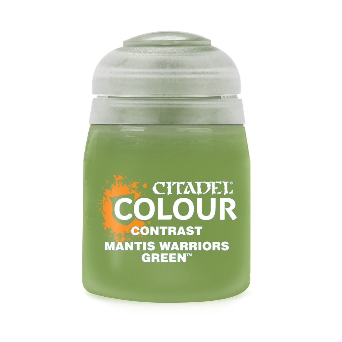 Bottle of Games Workshop Mantis Warriors Green Contrast paint in an 18ml container, used for miniature figure painting.