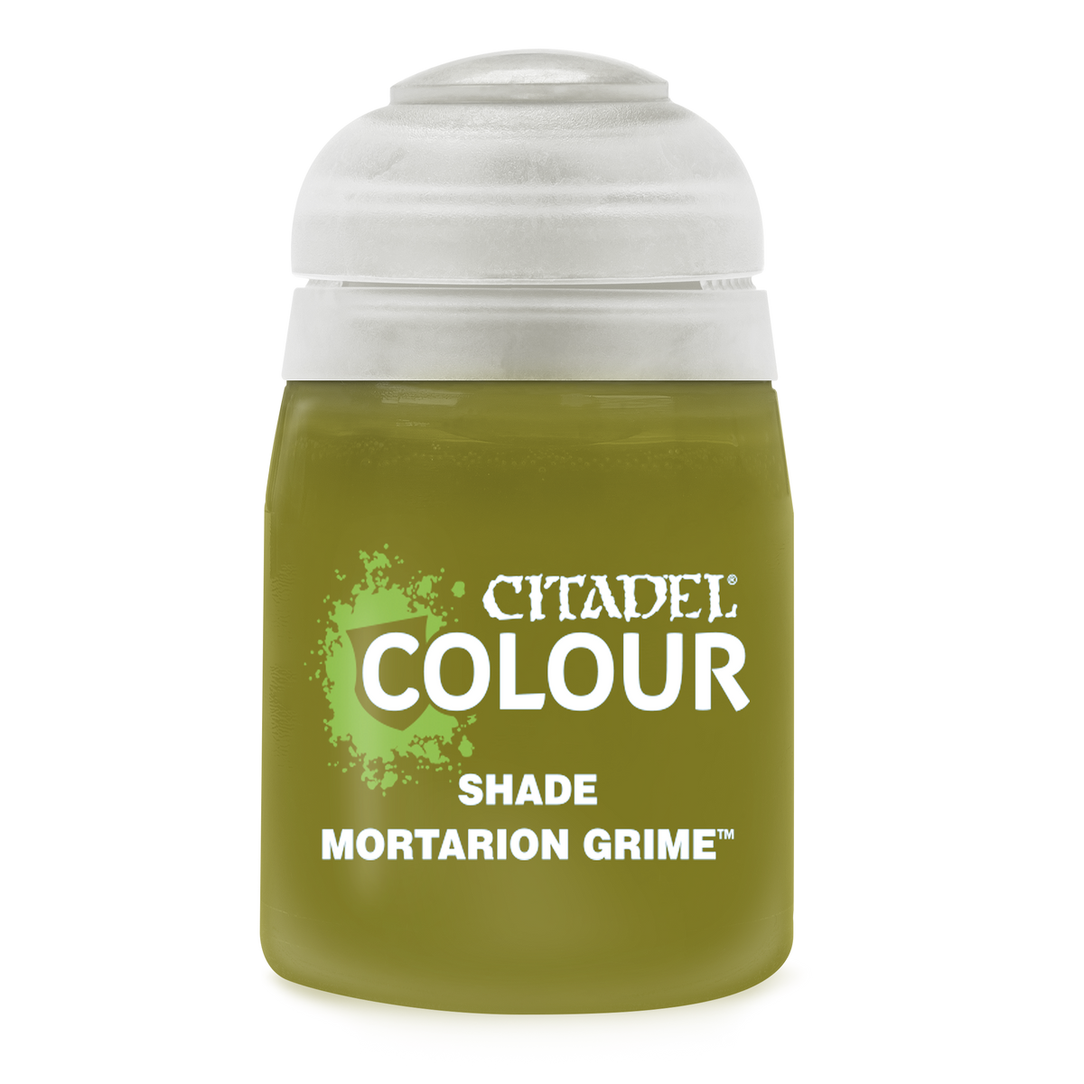 Bottle of Games Workshop Mortarion Grime 18ml paint, dark weathering wash for miniature models and terrain detailing.