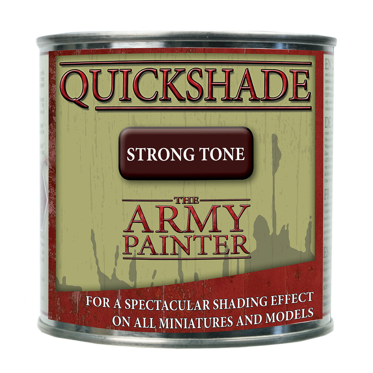 Quickshade Strong Tone from The Army Painter, dark ink wash bottle for shading miniatures, with label and cap visible.