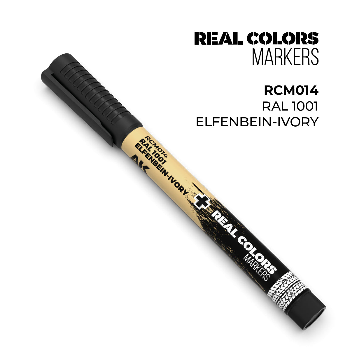 AK Interactive Real Colors RAL 1001 Elfenbein ivory paint marker on a surface, showcasing precise color application and tip detail.