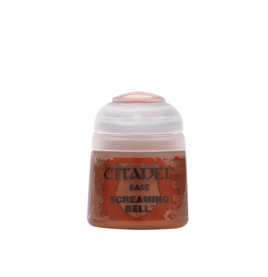 Games Workshop Screaming Bell 12ml paint bottle with label visible, used for painting miniatures and model details.