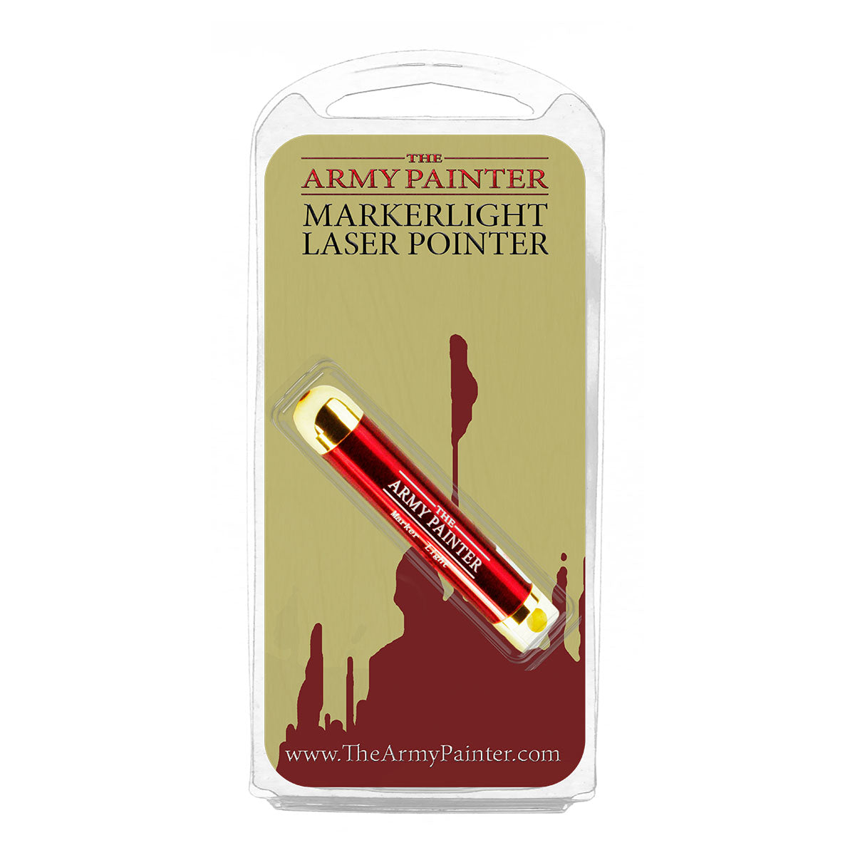 The Army Painter Markerlight Laser Pointer showing a sleek black and green design with a focused laser beam on a white background.