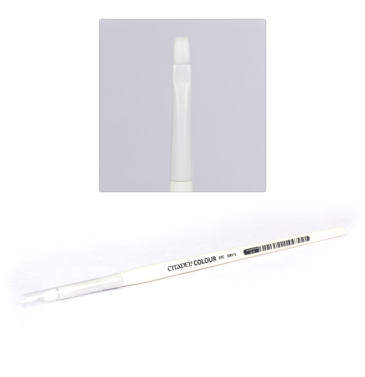 Small Citadel synthetic drybrush for miniature painting, featuring stiff bristles ideal for dry brushing techniques.