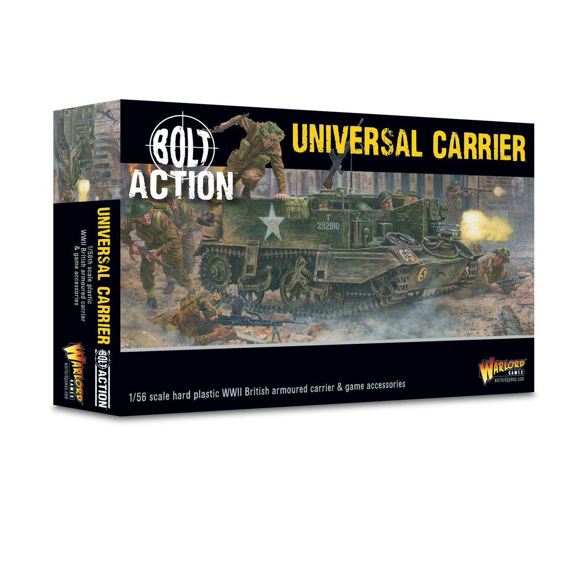 3D rendering of Warlord Games Universal Carrier miniature for tabletop gaming, showing detailed model and accessories.