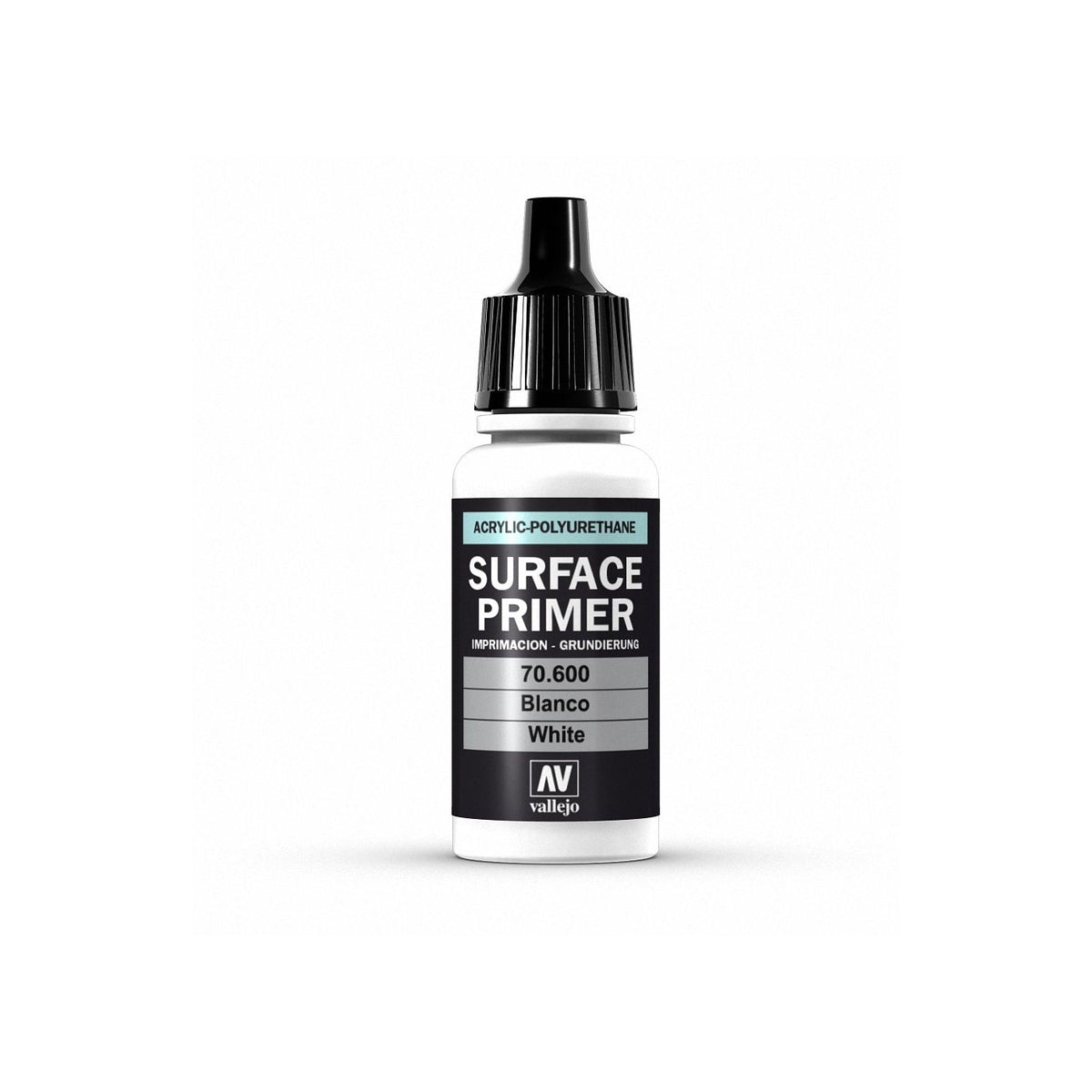 White primer bottle from Creative Models Vallejo Polyurethane 17ml Primer series, showing the packaging and label.