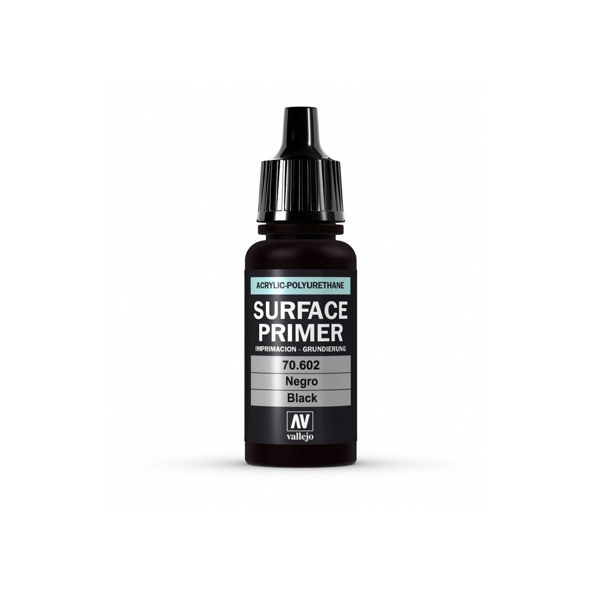 Black primer bottle from Creative Models Vallejo Polyurethane 17ml Primer collection, showcasing the product label and packaging.
