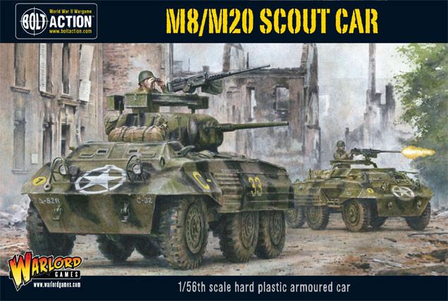 Miniature greyhound scout car in grey, part of Warlord Games' M8/M20 series, shown on its box cover.