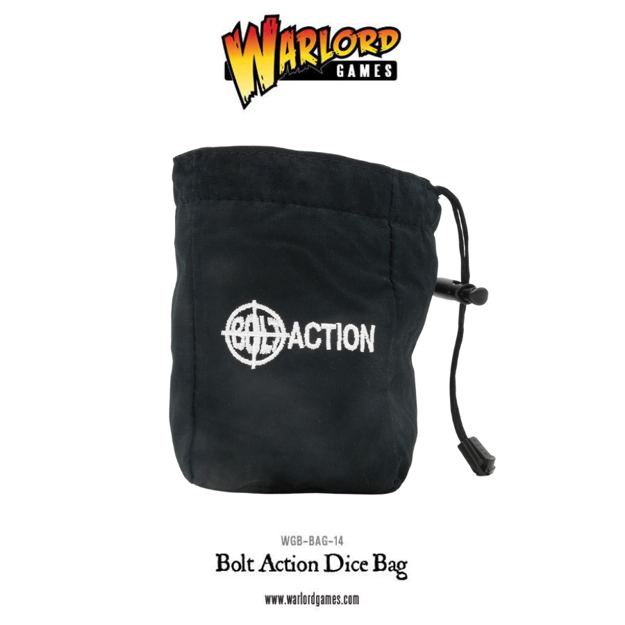 Warlord Games Bolt Action dice bag with military-inspired camouflage design and zipper closure for tabletop gaming accessories.