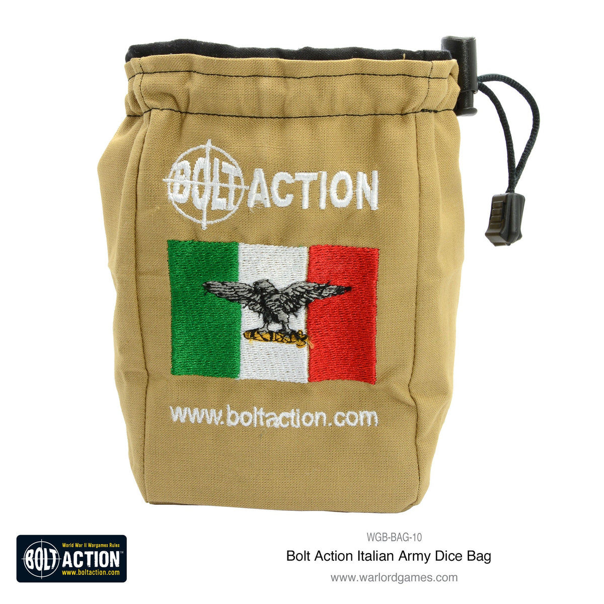 Warlord Games Italians Dice Bag featuring bolt-action Italian Army design, made of durable fabric with military-inspired details.