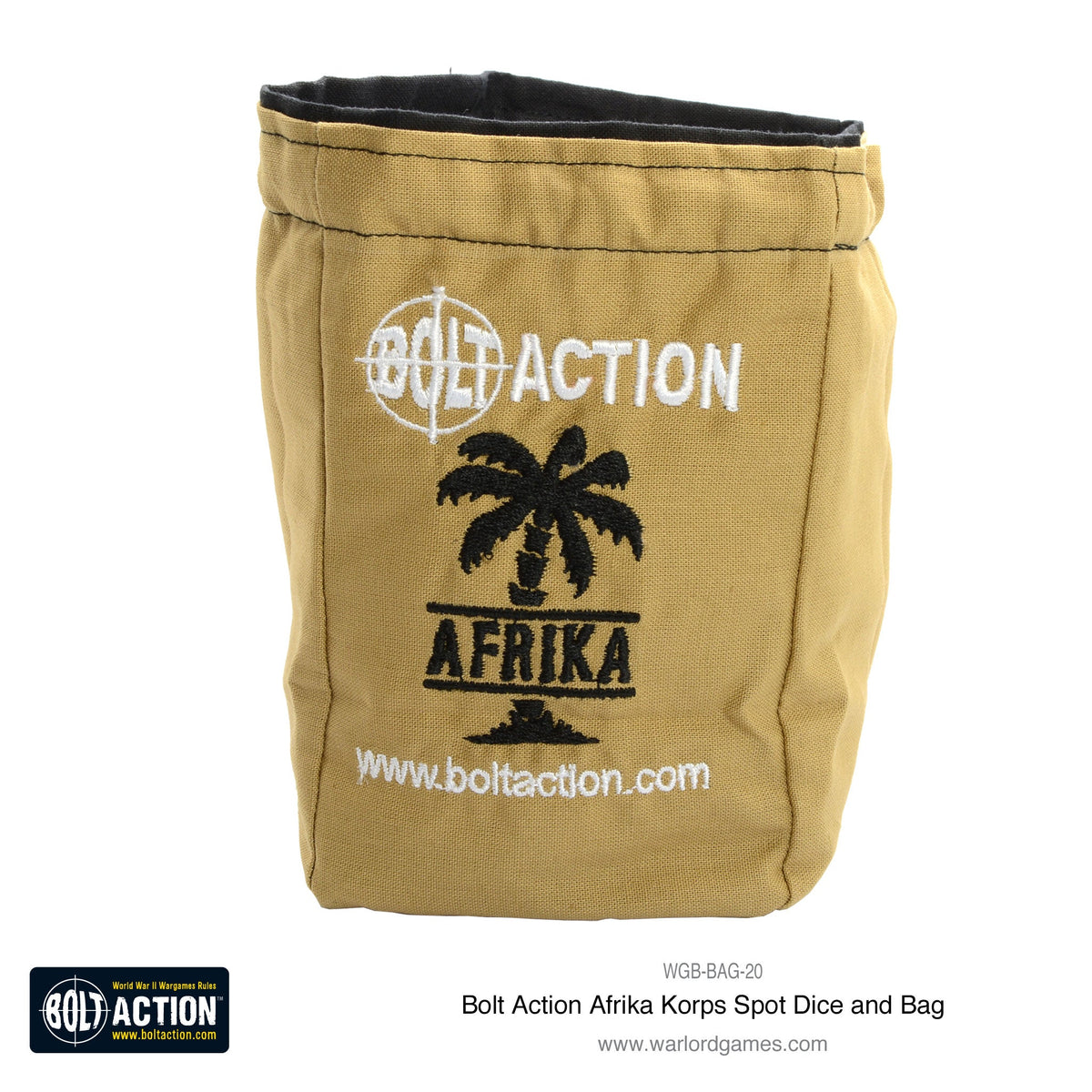 Warlord Games Afrika Korps dice bag featuring desert camouflage design and military-themed details.