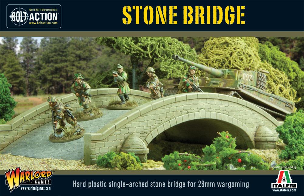 Warlord Games Stone Bridge terrain piece for tabletop gaming, detailed stone structure with archways and weathered finish.