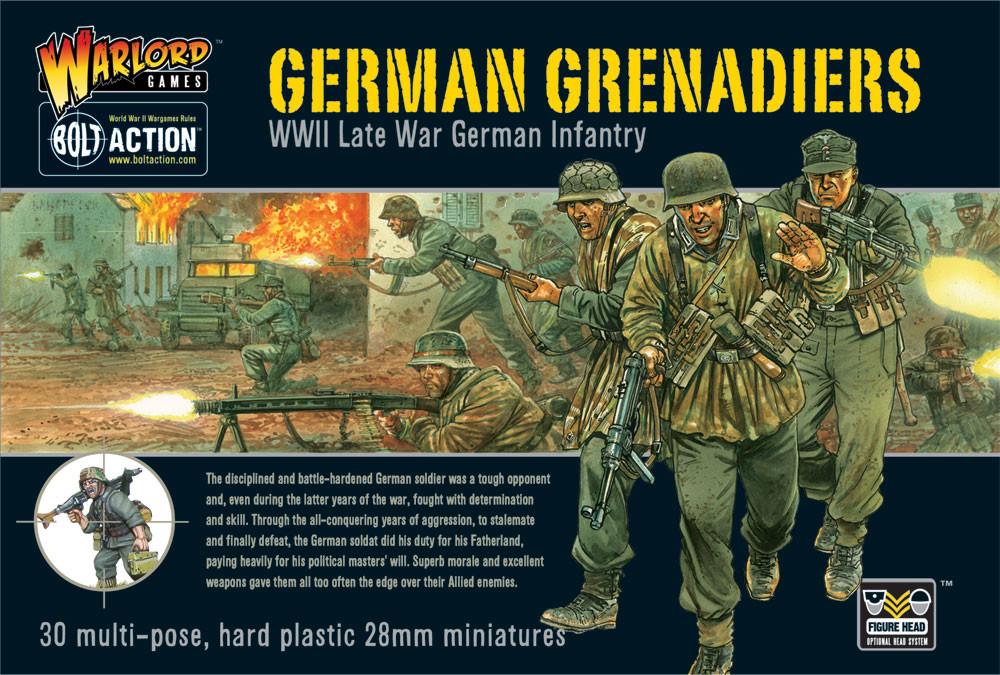 German Grenadiers miniature figures by Warlord Games, detailed model soldiers in historical military uniforms.