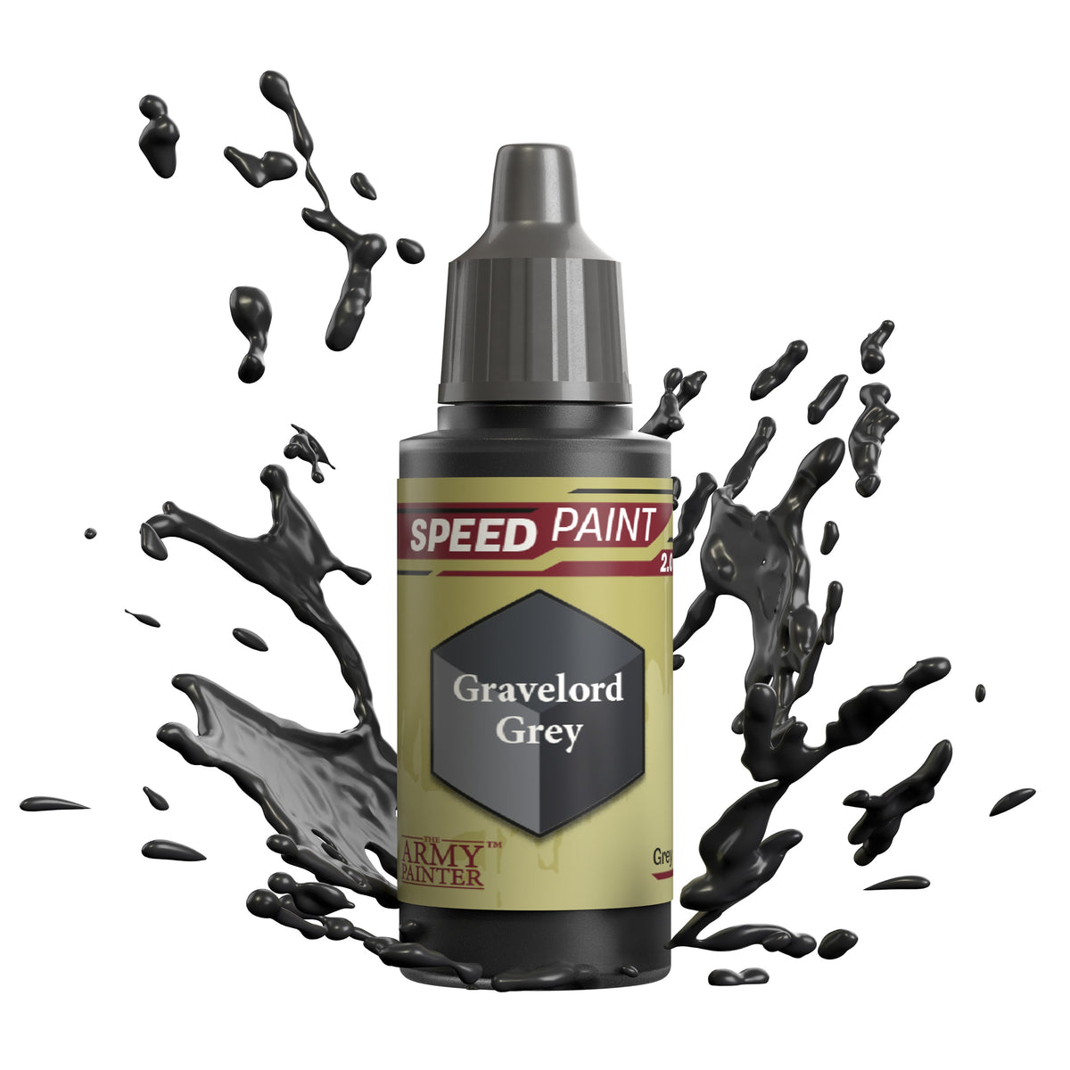 Speedpaint Gravelord Grey paint by The Army Painter, showing a close-up of the grey paint bottle with label and cap.
