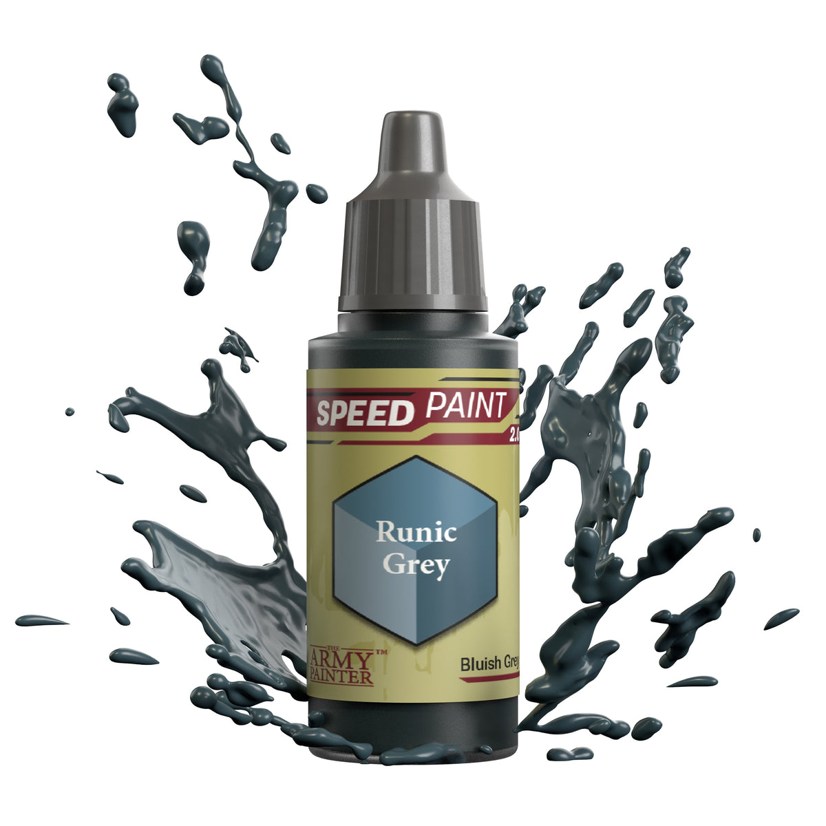 Speedpaint Runic Grey paint by The Army Painter, showing a close-up of the grey acrylic paint in a small container.