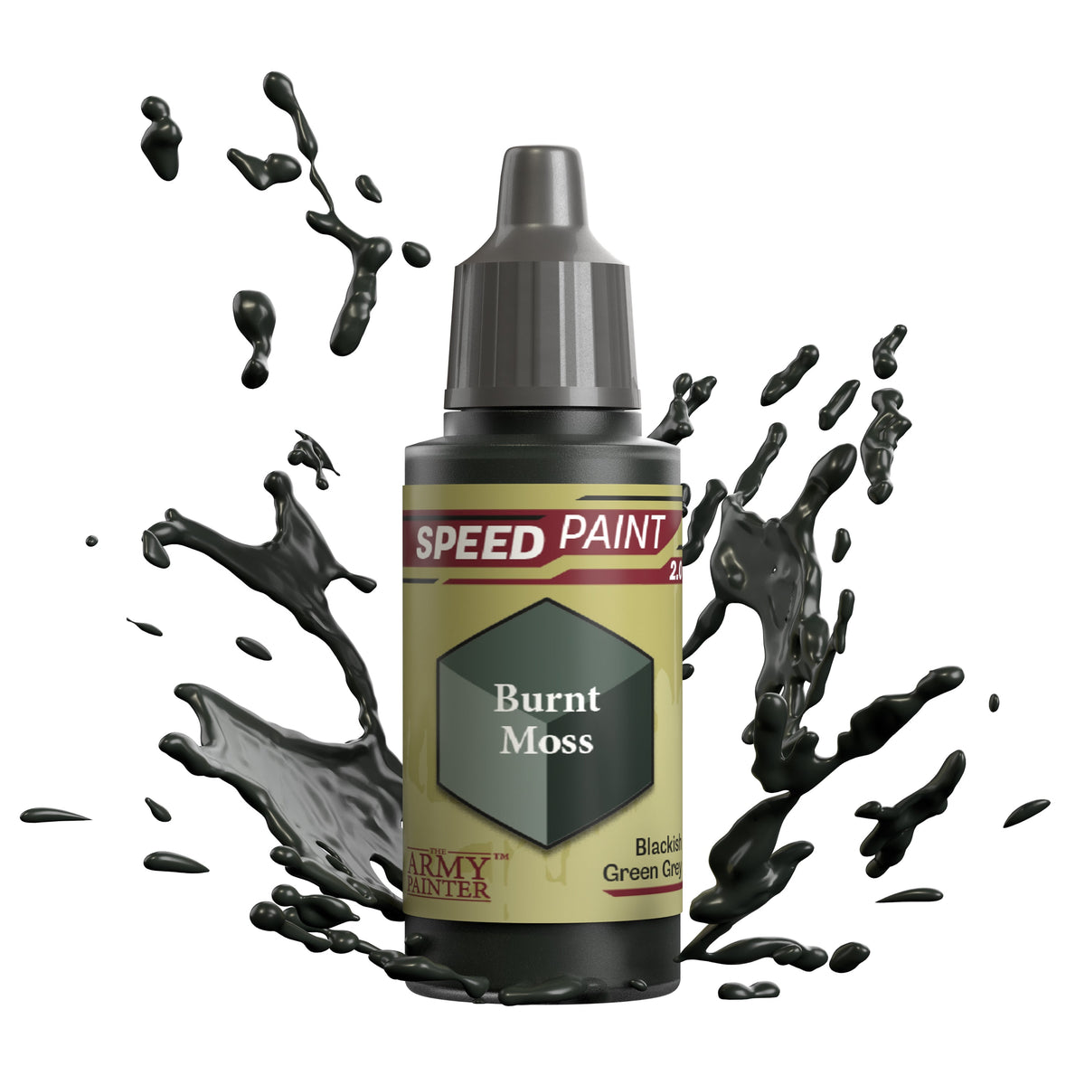 Bottle of The Army Painter Speedpaint in Burnt Moss, a vibrant green paint for miniature and scale model painting.