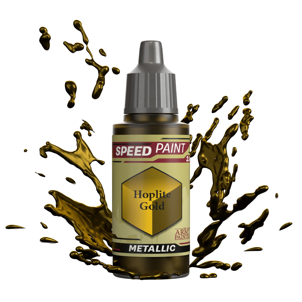 Gold paint bottle from The Army Painter Speedpaint: Hoplite Gold set, showcasing the vibrant metallic paint for miniature modeling.