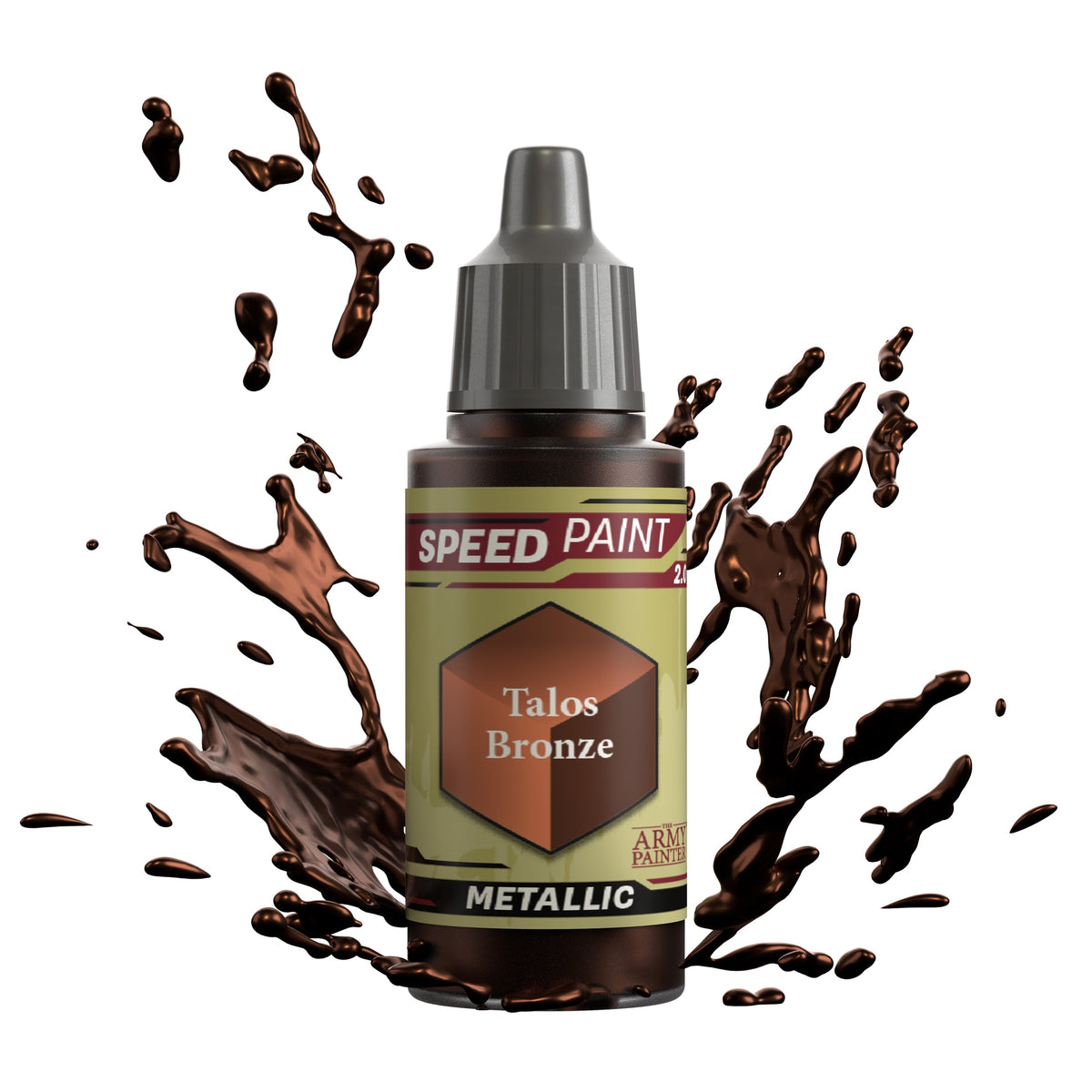 Speedpaint Talos Bronze paint by The Army Painter, showcasing a close-up of the metallic bronze paint in a small container.