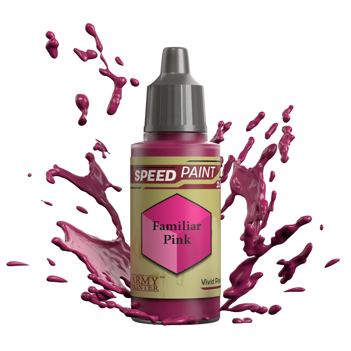 Speedpaint: Familiar Pink paint by The Army Painter, shown in a small bottle with pink-colored paint inside.