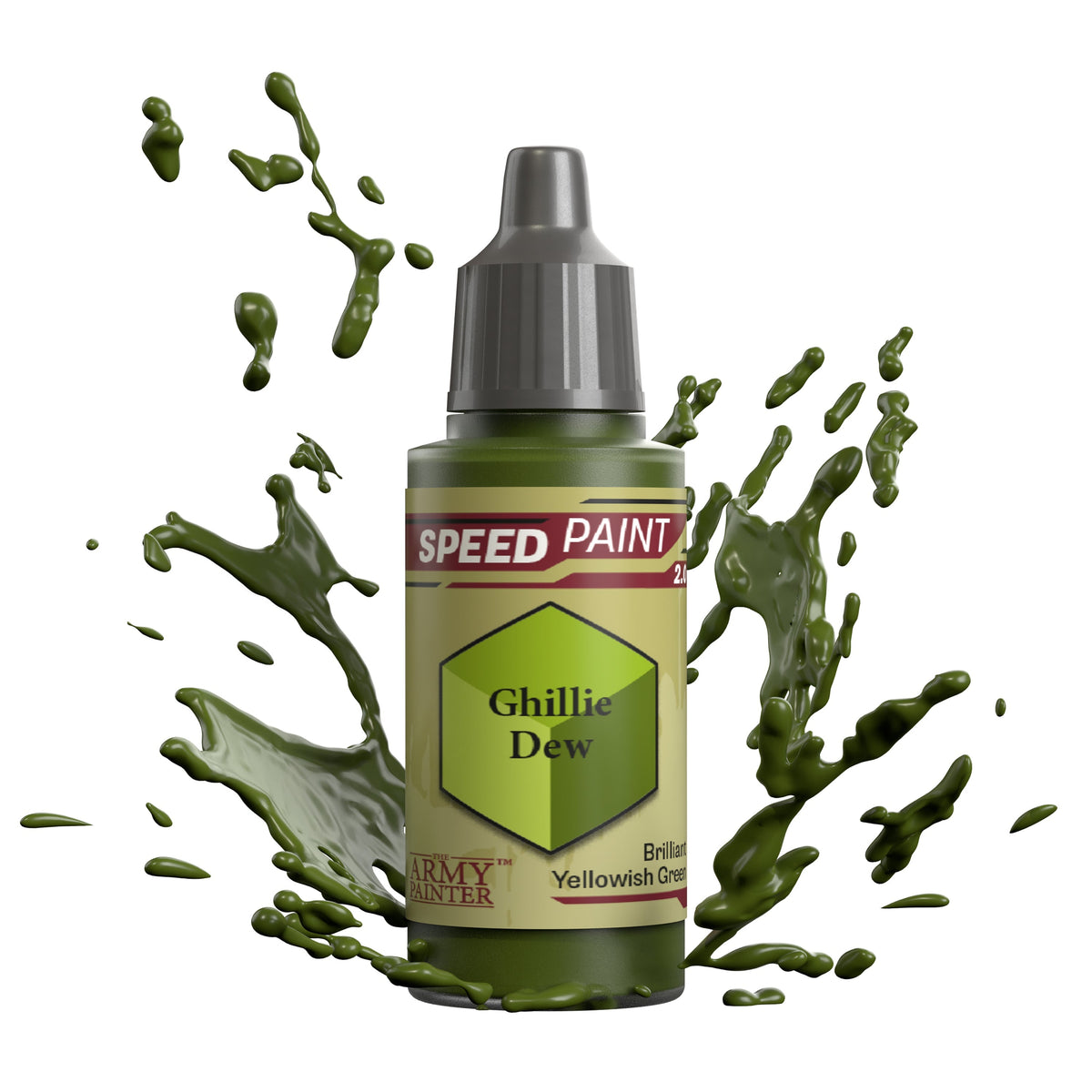 Speedpaint Ghillie Dew from The Army Painter, a vibrant green paint bottle for miniature painting and detailing.