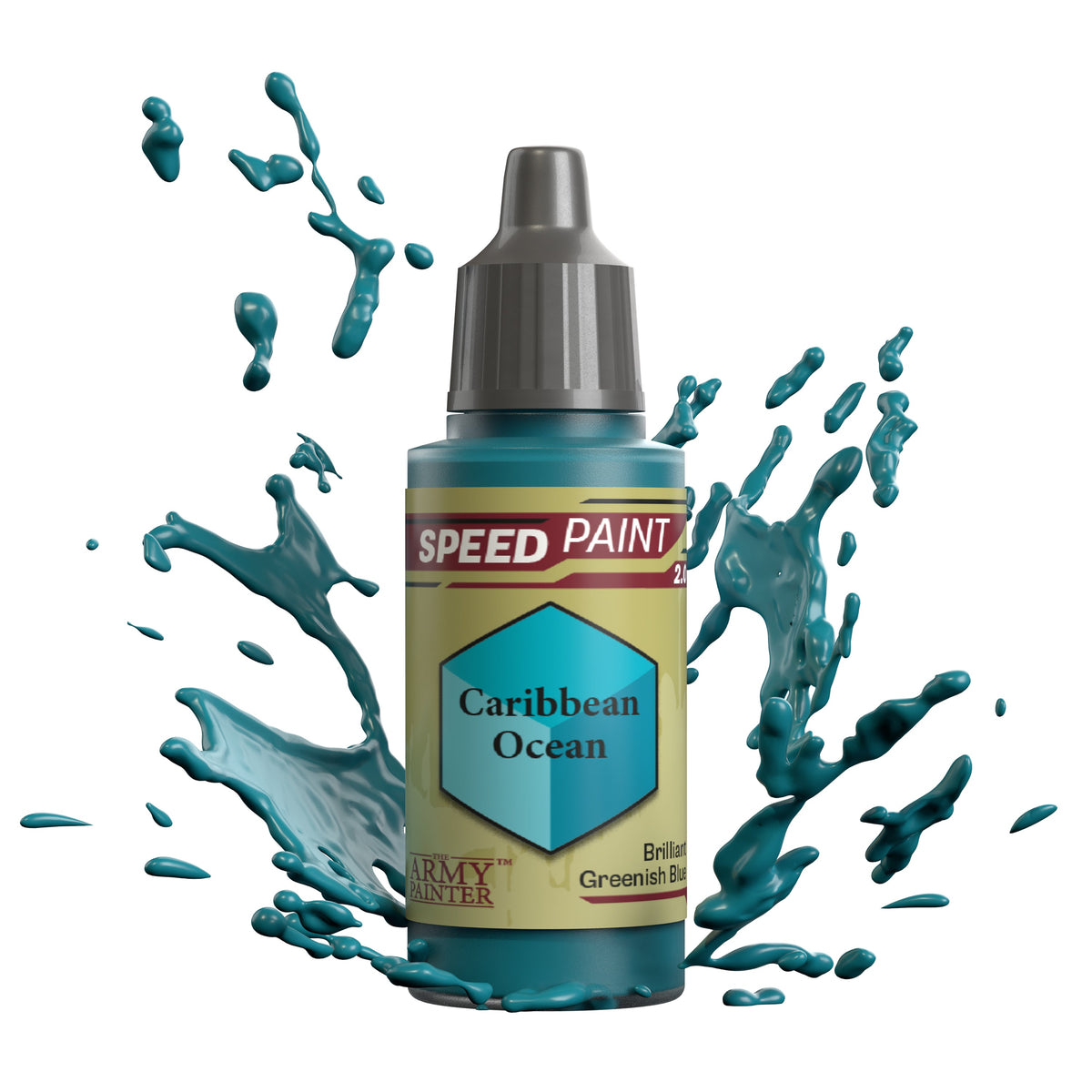 The Army Painter Speedpaint Caribbean Ocean paint swatch in a small container, showcasing vibrant blue-green pigment for miniatures.