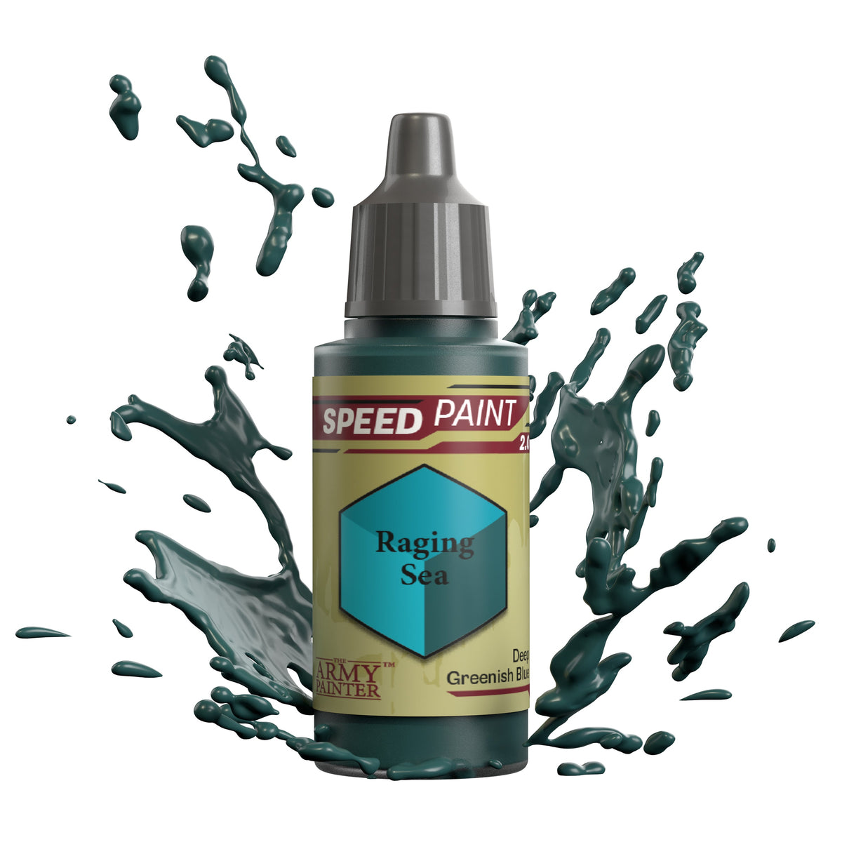Speedpaint Raging Sea paint from The Army Painter, showcasing vibrant blue and green shades for miniature detailing.