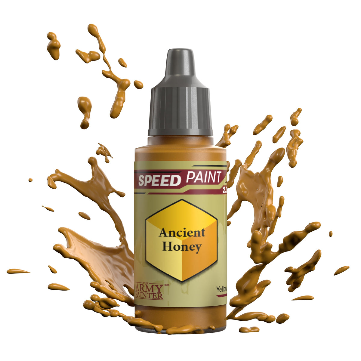 Bottle of The Army Painter Speedpaint in Ancient Honey, a yellow-orange acrylic paint for miniature painting.
