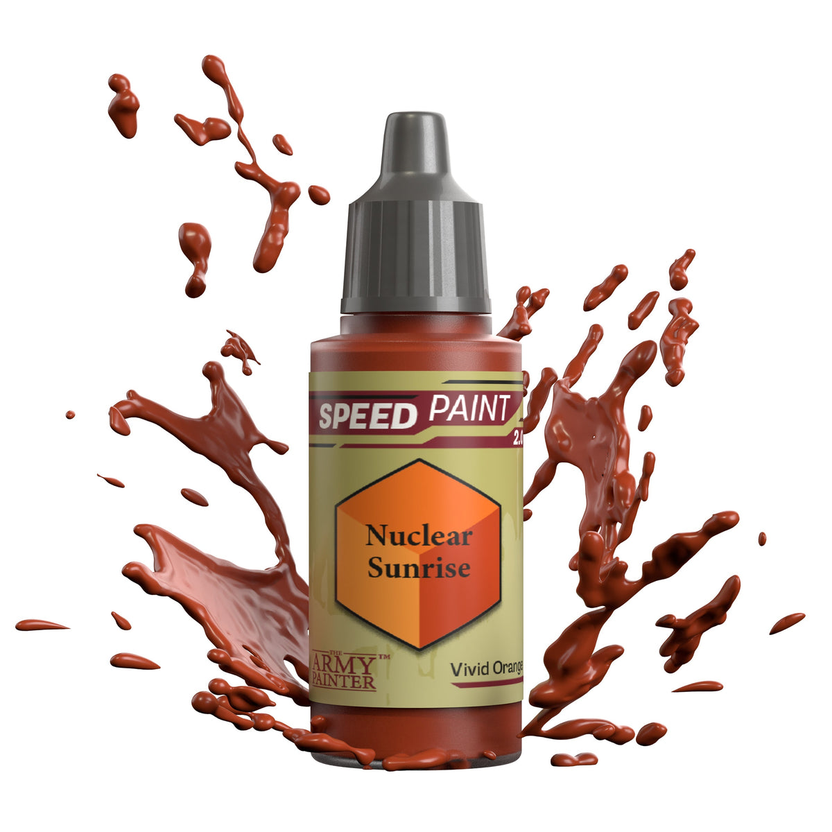 Paint bottle of The Army Painter Speedpaint Nuclear Sunrise with vibrant orange and yellow hues for miniature painting.