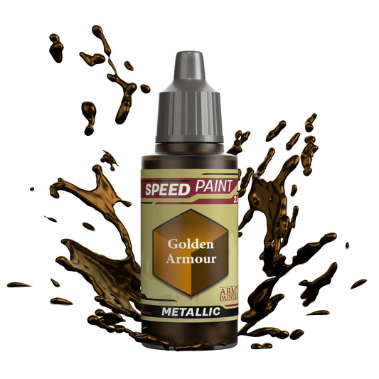 Golden Armour The Army Painter Speedpaint Metallic paint, dropper bottle, gold, with a paint splash.