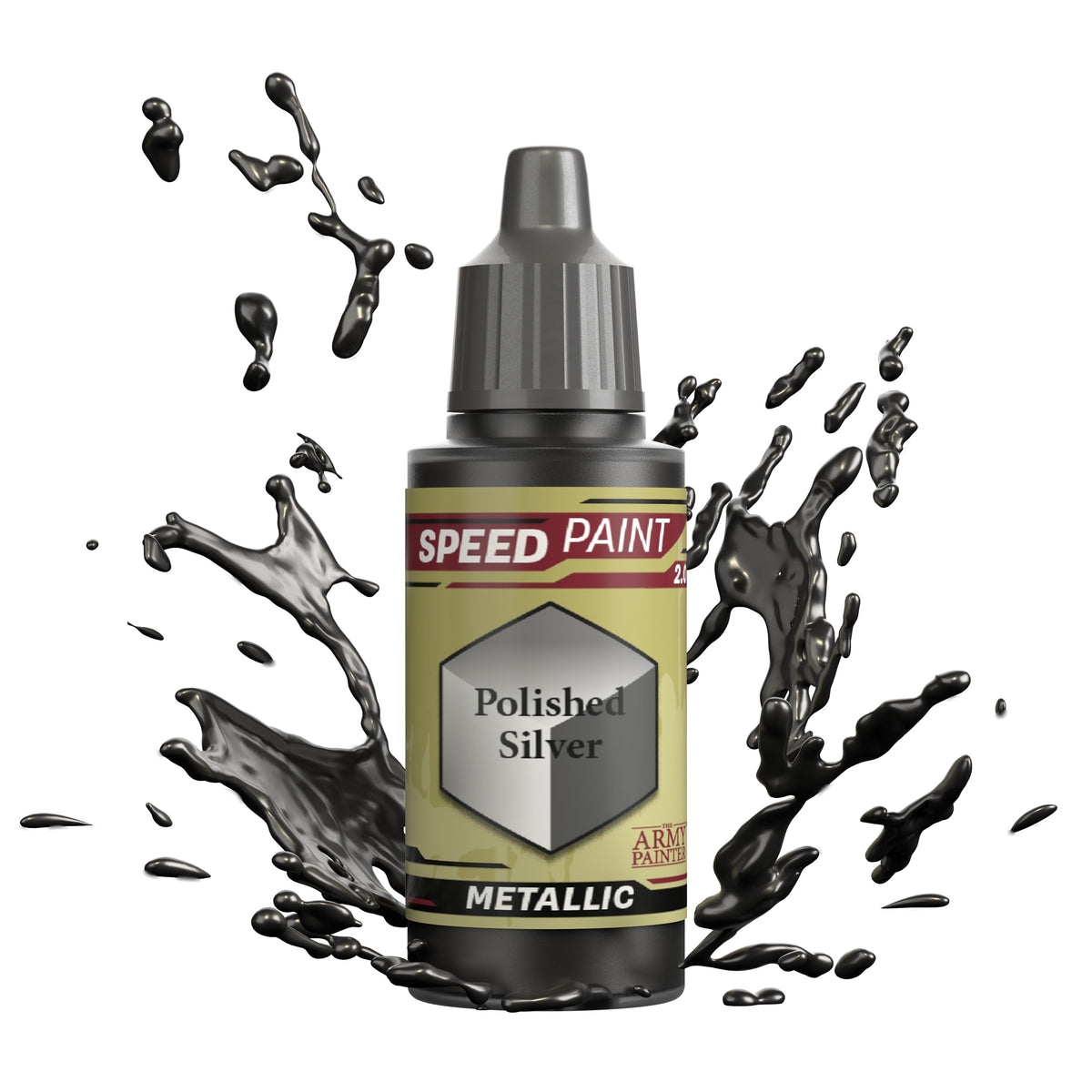 Silver paint bottle from The Army Painter's Speedpaint: Polished Silver line, showing the metallic silver paint for miniature models.