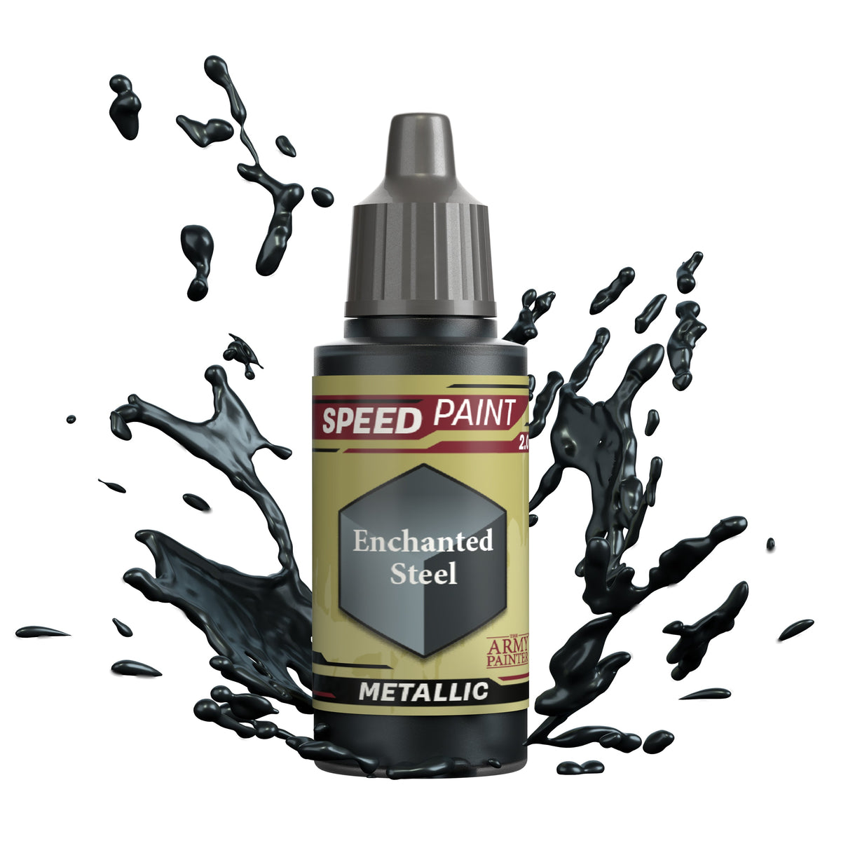 Speedpaint Enchanted Steel by The Army Painter, a metallic silver paint in a small jar with a brush applicator.