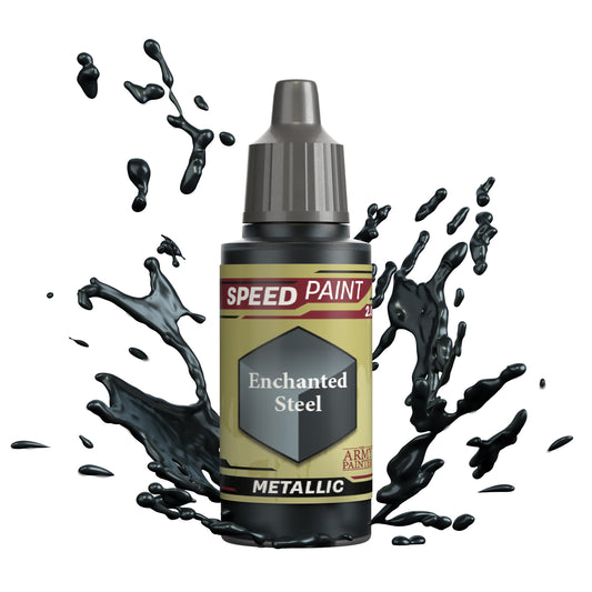 Enchanted Steel The Army Painter Speedpaint Metallic paint, dropper bottle, dark steel blue, with a paint splash.