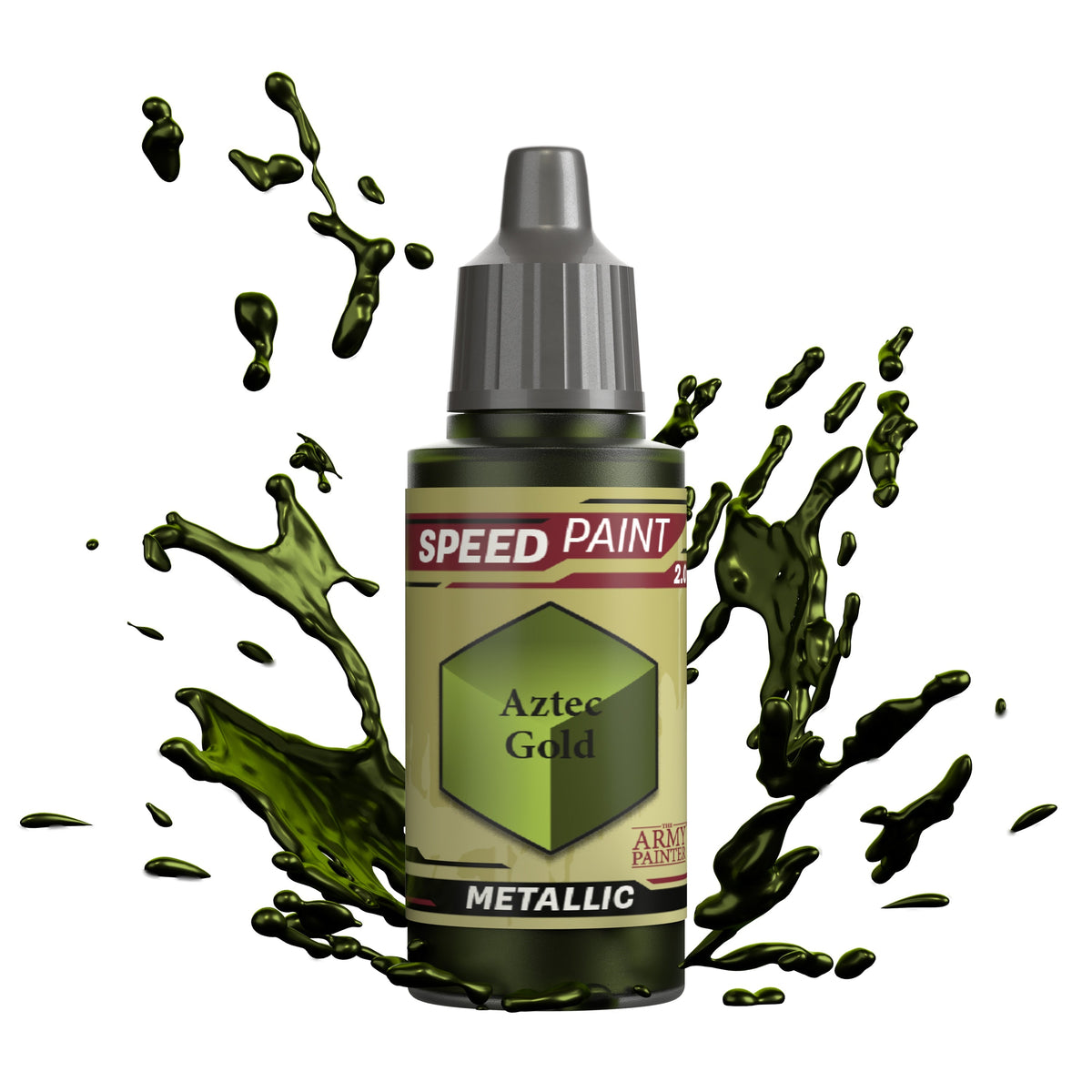 A bottle of The Army Painter Speedpaint Aztec Gold paint with a black cap, used for miniature and model painting projects.