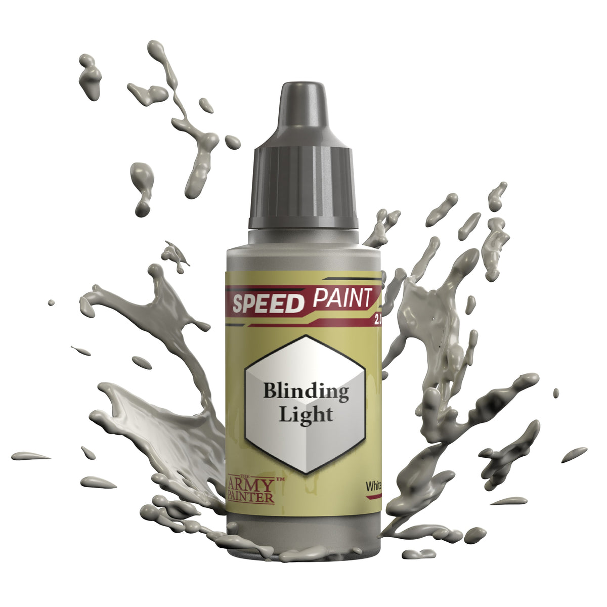 Speedpaint: Blinding Light paint by The Army Painter, shown in a container with vibrant yellow color for miniature models.