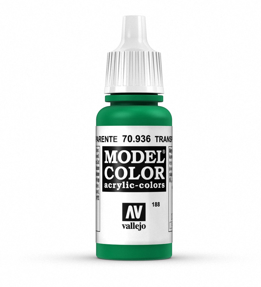 Vallejo Model Color 17ml transparent green paint bottle, showcasing the vibrant green hue and labeling details.